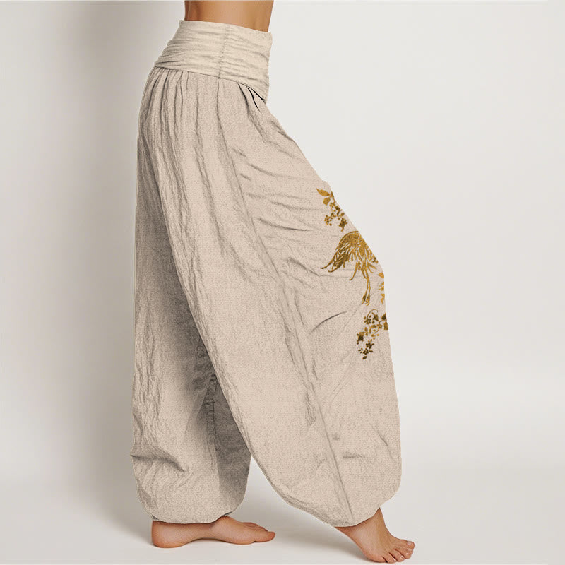 Buddha Stones Pantalon harem en coton à taille élastique pour femme, motif de grues et de feuilles florales - image 13