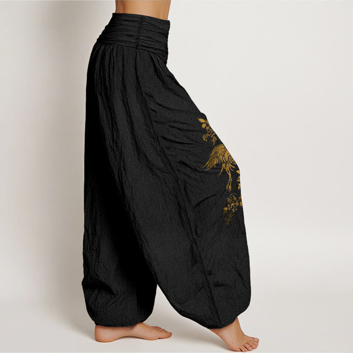 Buddha Stones Pantalon harem en coton à taille élastique pour femme, motif de grues et de feuilles florales - image 2