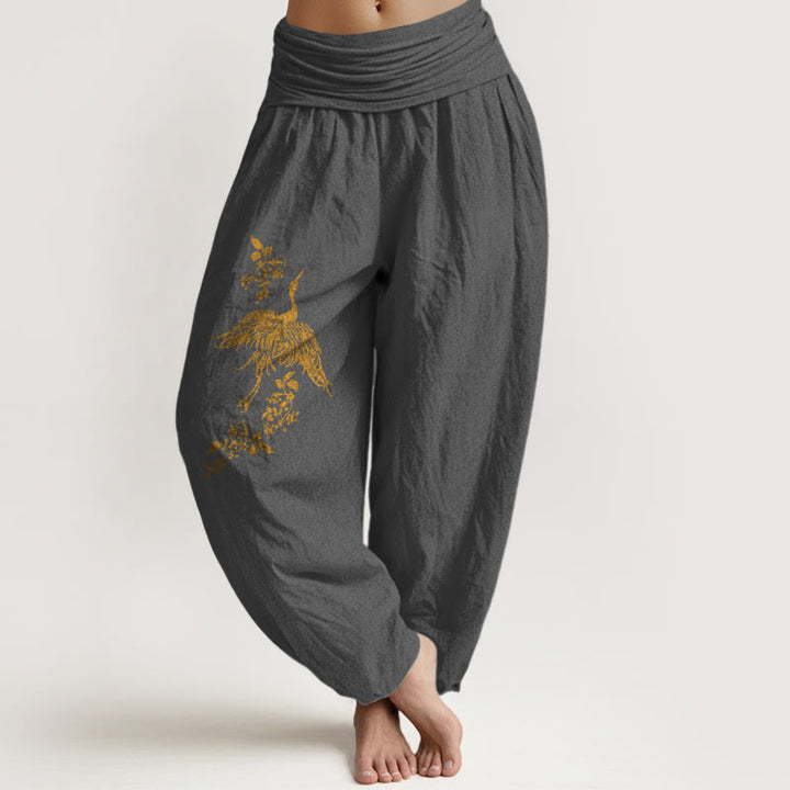 Buddha Stones Pantalon harem en coton à taille élastique pour femme, motif de grues et de feuilles florales - Gris terne - US16，UK/AU20，EU48 (3XL) - image 8