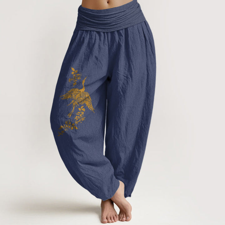 Buddha Stones Pantalon harem en coton à taille élastique pour femme, motif de grues et de feuilles florales - Bleu ardoise foncé - US16，UK/AU20，EU48 (3XL) - image 5
