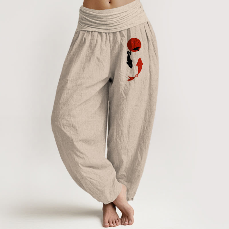 Buddha Stones Pantalon harem pour femme en pur coton à motif de carpes koï et soleil rouge, taille élastique - Tanné - US16，UK/AU20，EU48 (3XL) - image 8