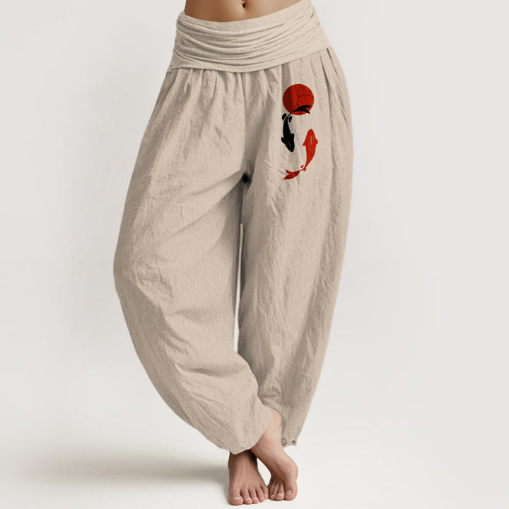 Buddha Stones Pantalon harem pour femme en pur coton à motif de carpes koï et soleil rouge, taille élastique - Tanné - US16，UK/AU20，EU48 (3XL) - image 8