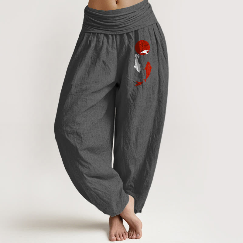 Buddha Stones Pantalon harem pour femme en pur coton à motif de carpes koï et soleil rouge, taille élastique - Gris terne - US16，UK/AU20，EU48 (3XL) - image 5