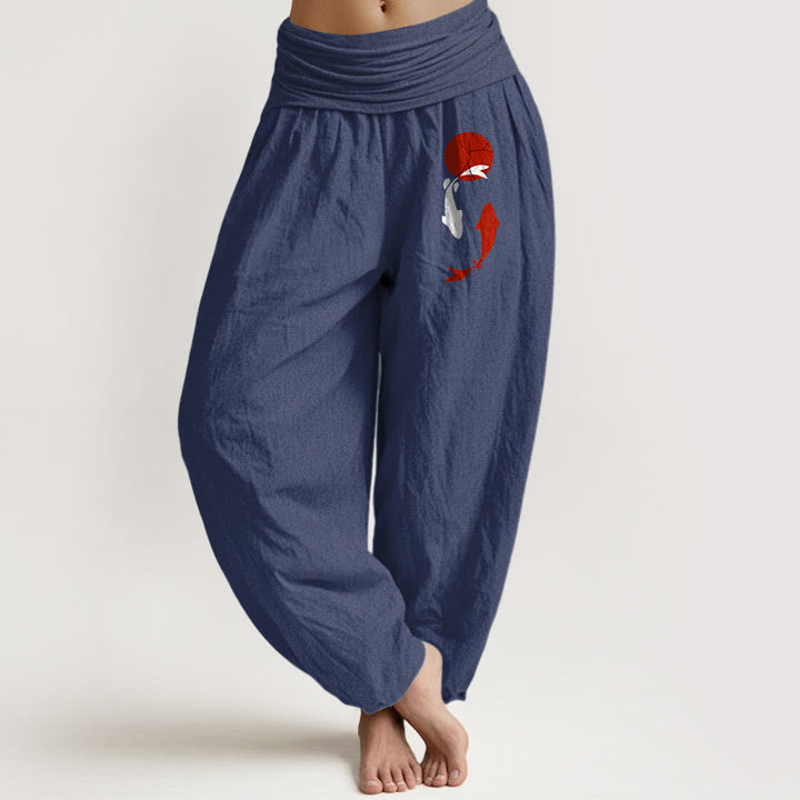 Buddha Stones Pantalon harem pour femme en pur coton à motif de carpes koï et soleil rouge, taille élastique - Bleu ardoise foncé - US16，UK/AU20，EU48 (3XL) - image 0