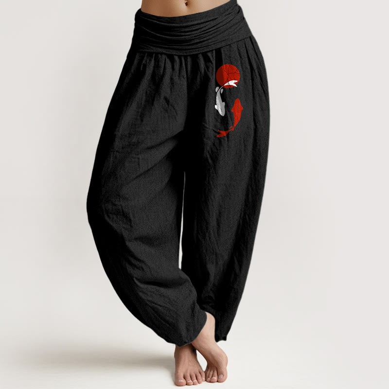 Buddha Stones Pantalon harem pour femme en pur coton à motif de carpes koï et soleil rouge, taille élastique - Noir - US16，UK/AU20，EU48 (3XL) - image 14