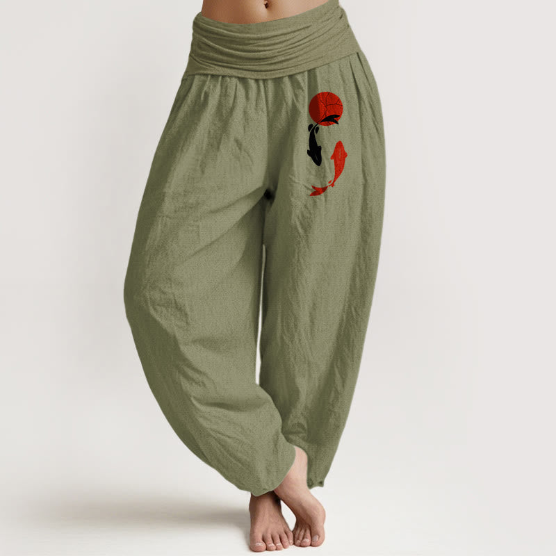 Buddha Stones Pantalon harem pour femme en pur coton à motif de carpes koï et soleil rouge, taille élastique - Vert olive - US16，UK/AU20，EU48 (3XL) - image 11