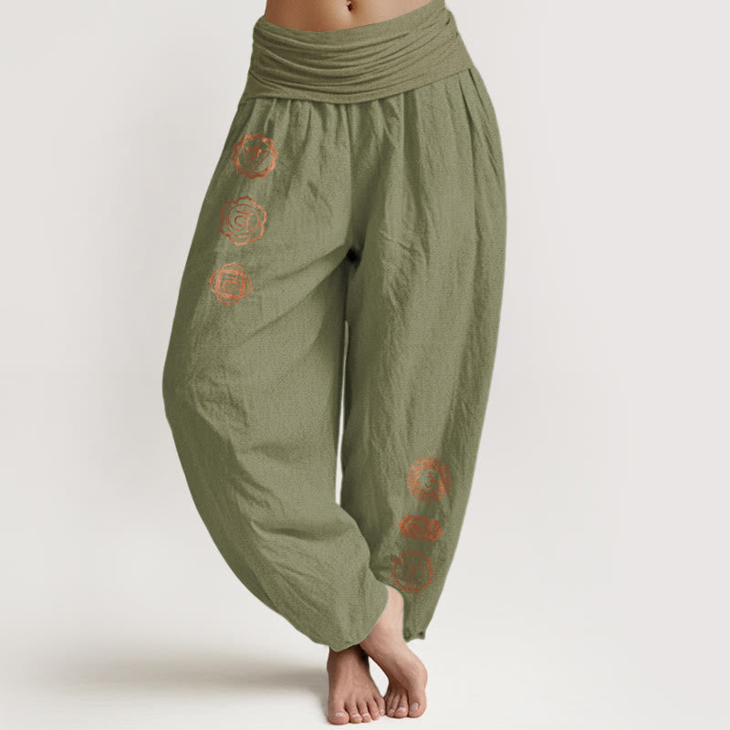 Buddha Stones Pantalon harem décontracté en pur coton à motif chakra et taille élastique pour femme - Vert olive - US16，UK/AU20，EU48 (3XL) - image 14