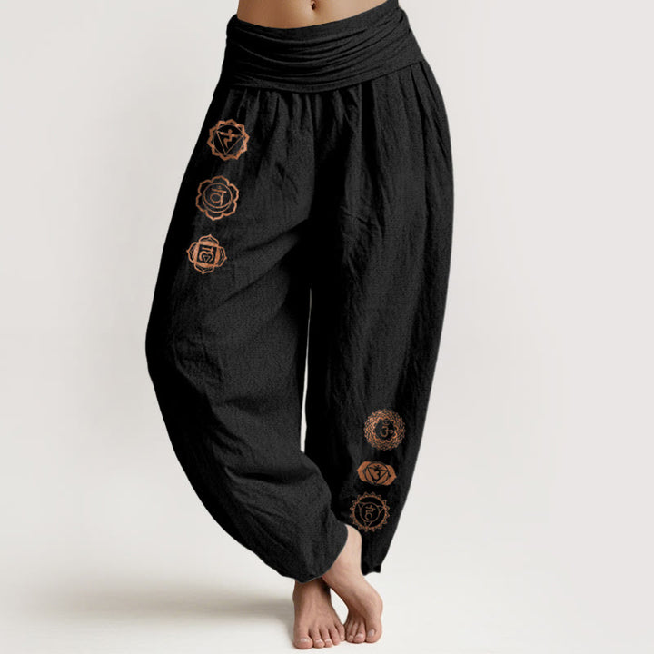 Buddha Stones Pantalon harem décontracté en pur coton à motif chakra et taille élastique pour femme - Noir - US16，UK/AU20，EU48 (3XL) - image 0