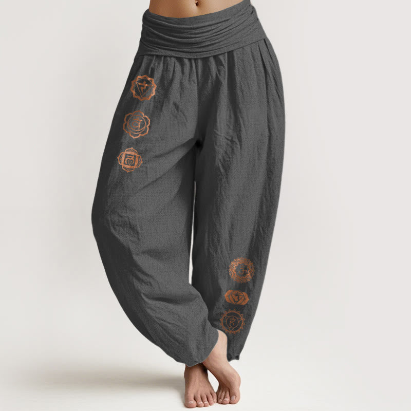 Buddha Stones Pantalon harem décontracté en pur coton à motif chakra et taille élastique pour femme - Gris sombre - US16，UK/AU20，EU48 (3XL) - image 8