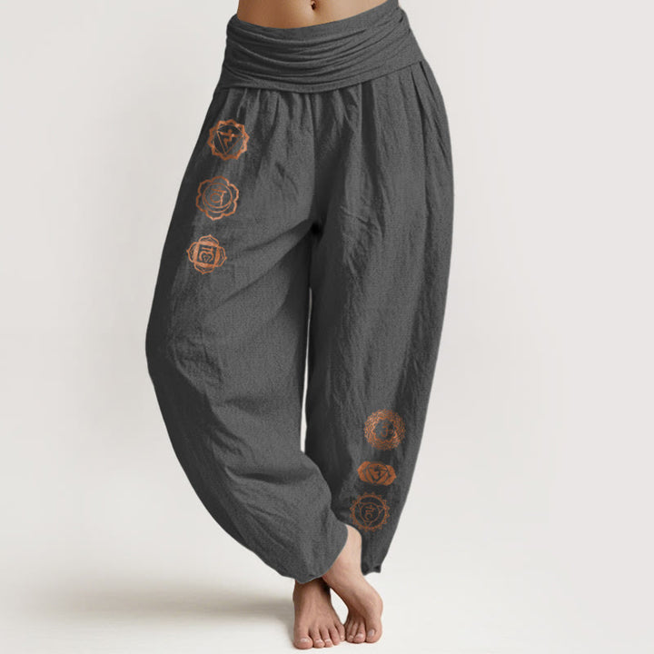Buddha Stones Pantalon harem décontracté en pur coton à motif chakra et taille élastique pour femme - Gris sombre - US16，UK/AU20，EU48 (3XL) - image 8