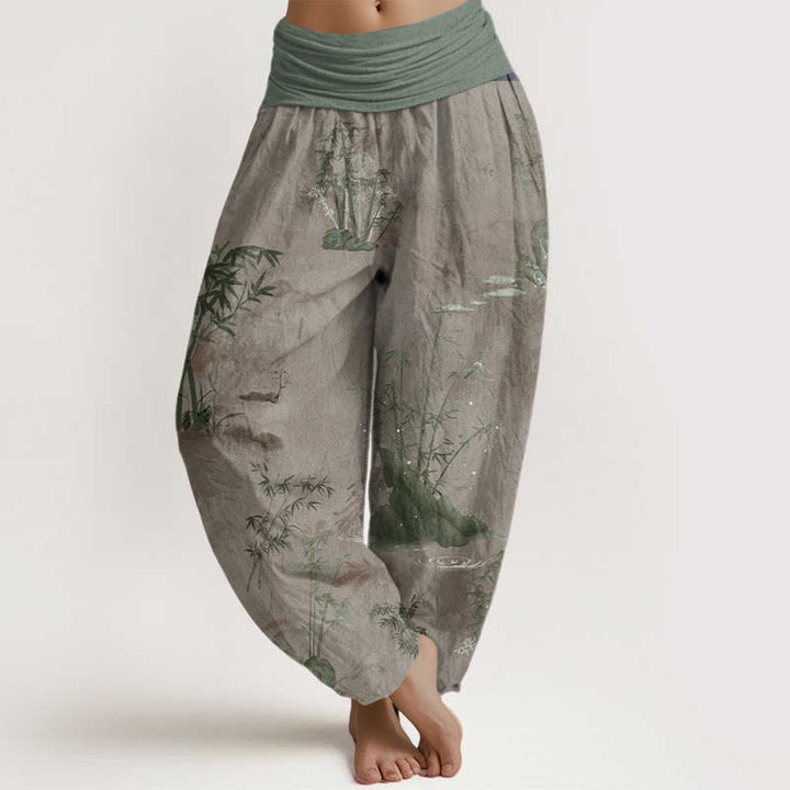 Pantalon sarouel décontracté en pur coton avec Buddha Stones et encre de roche de bambou pour femme, taille élastique - Tanné - US22，UK/AU26，EU54 (6XL) - image 6