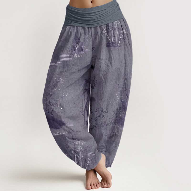 Pantalon sarouel décontracté en pur coton avec Buddha Stones et encre de roche de bambou pour femme, taille élastique - Gris ardoise - US22，UK/AU26，EU54 (6XL) - image 0