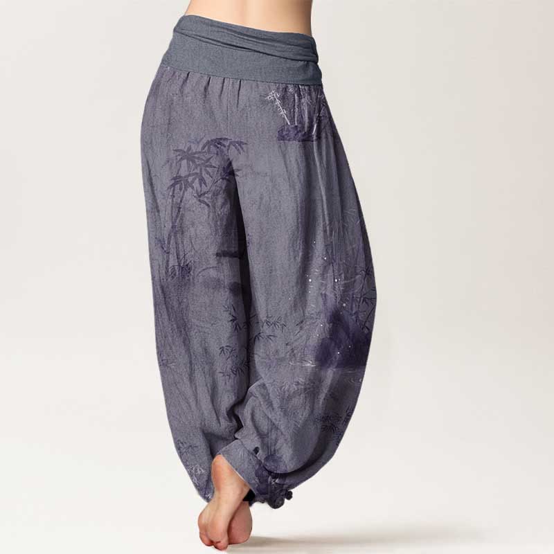 Pantalon sarouel décontracté en pur coton avec Buddha Stones et encre de roche de bambou pour femme, taille élastique - image 1