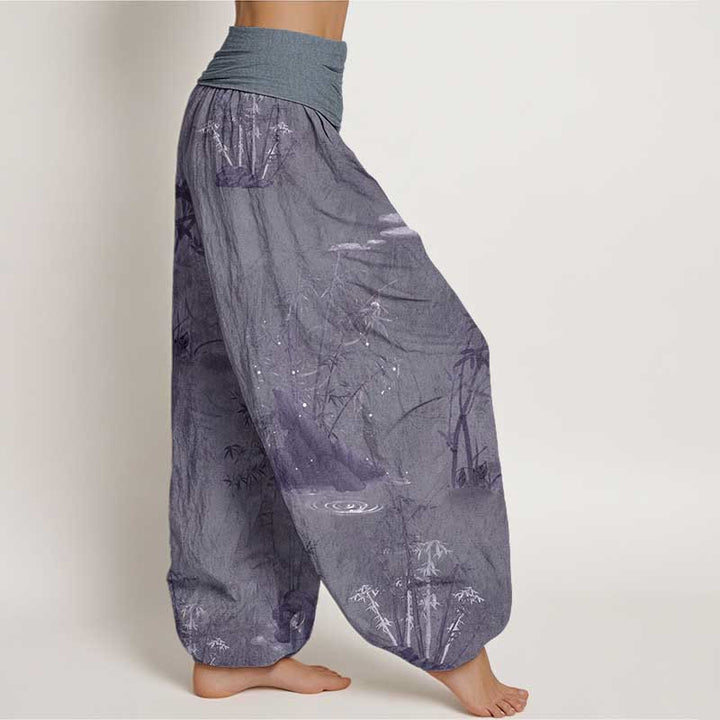 Pantalon sarouel décontracté en pur coton avec Buddha Stones et encre de roche de bambou pour femme, taille élastique - image 2