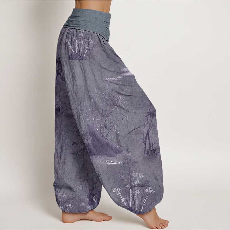 Pantalon sarouel décontracté en pur coton avec Buddha Stones et encre de roche de bambou pour femme, taille élastique - image 2