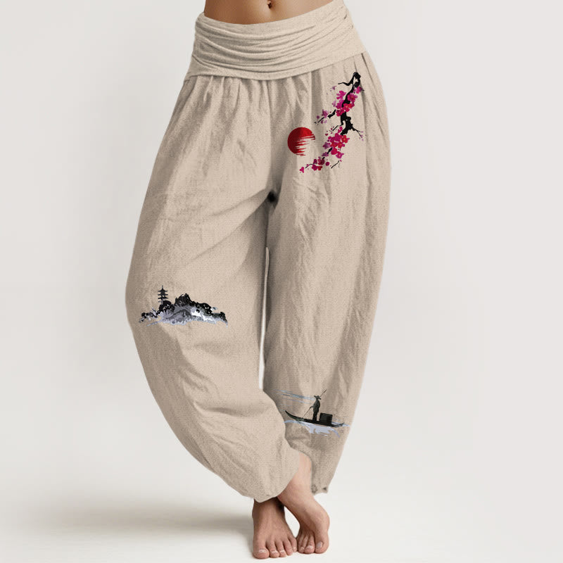 Pantalon harem en pur coton pour femme, taille élastique, motif Buddha Stones, fleurs de prunier et pêcheur de montagne - Tanné - US16，UK/AU20，EU48 (3XL) - image 0
