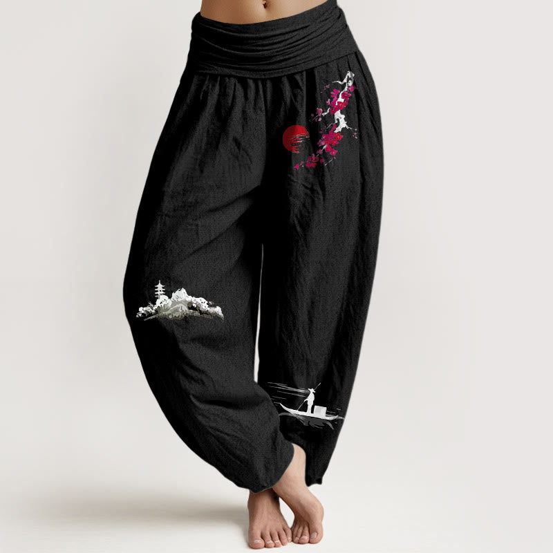 Pantalon harem en pur coton pour femme, taille élastique, motif Buddha Stones, fleurs de prunier et pêcheur de montagne - Noir - US16，UK/AU20，EU48 (3XL) - image 8