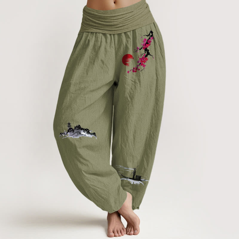 Pantalon harem en pur coton pour femme, taille élastique, motif Buddha Stones, fleurs de prunier et pêcheur de montagne - Vert olive - US16，UK/AU20，EU48 (3XL) - image 5
