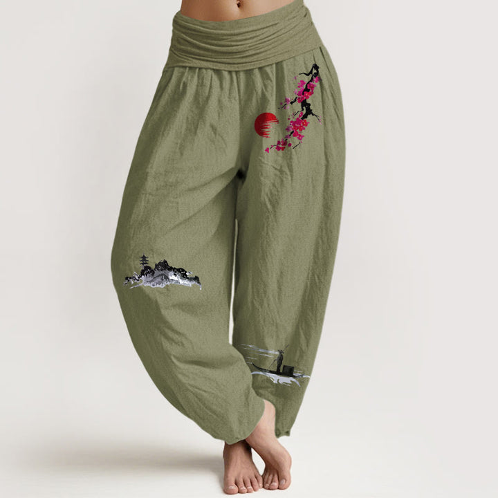 Pantalon harem en pur coton pour femme, taille élastique, motif Buddha Stones, fleurs de prunier et pêcheur de montagne - Vert olive - US16，UK/AU20，EU48 (3XL) - image 5