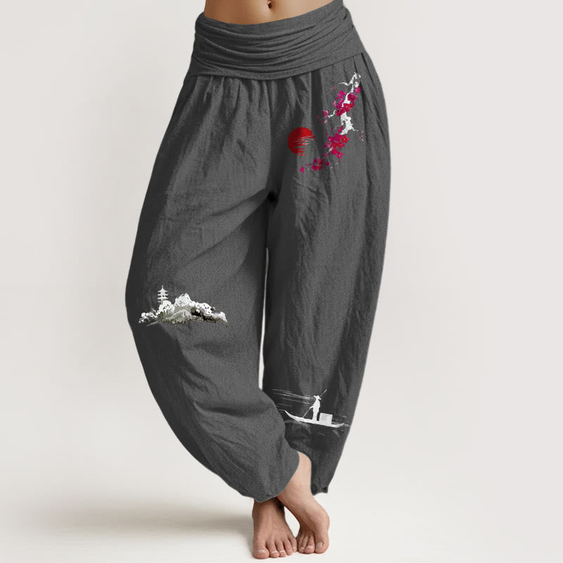 Pantalon harem en pur coton pour femme, taille élastique, motif Buddha Stones, fleurs de prunier et pêcheur de montagne - Gris terne - US16，UK/AU20，EU48 (3XL) - image 14
