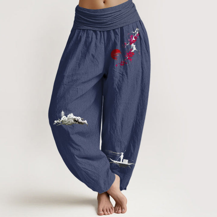 Pantalon harem en pur coton pour femme, taille élastique, motif Buddha Stones, fleurs de prunier et pêcheur de montagne - Bleu ardoise foncé - US16，UK/AU20，EU48 (3XL) - image 11