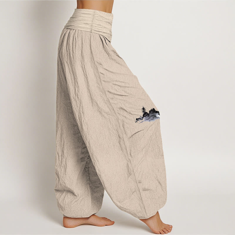 Pantalon harem en pur coton pour femme, taille élastique, motif Buddha Stones, fleurs de prunier et pêcheur de montagne - image 2