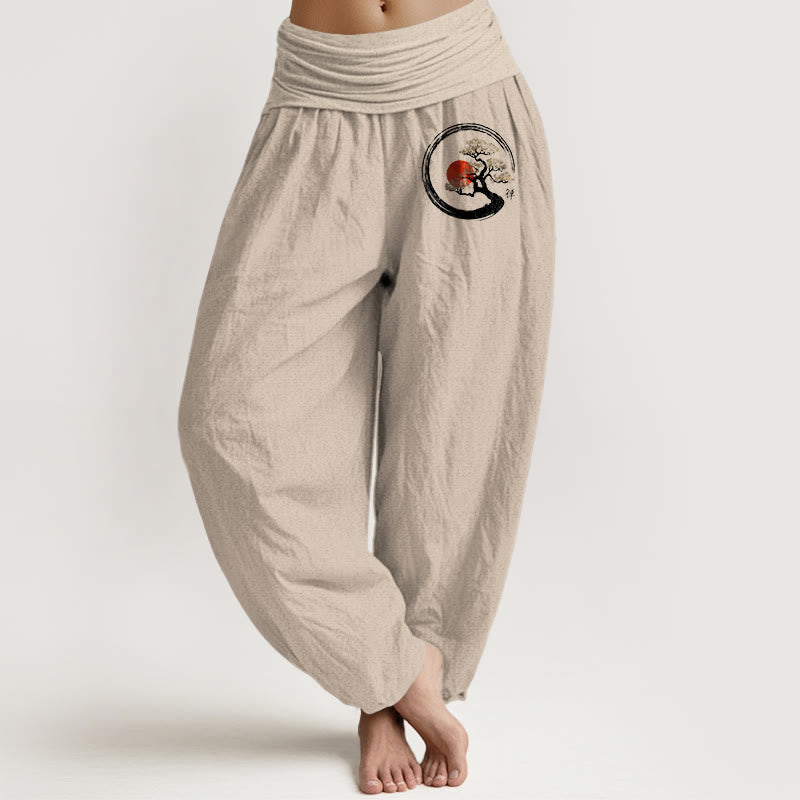 Pantalon harem en pur coton pour femme, taille élastique, Buddha Stones, pin et soleil rouge, style zen - Tanné - US16，UK/AU20，EU48 (3XL) - image 0
