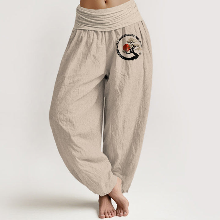 Pantalon harem en pur coton pour femme, taille élastique, Buddha Stones, pin et soleil rouge, style zen - Tanné - US16，UK/AU20，EU48 (3XL) - image 0