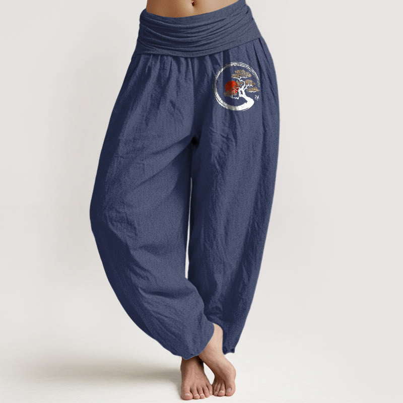 Pantalon harem en pur coton pour femme, taille élastique, Buddha Stones, pin et soleil rouge, style zen - Bleu ardoise foncé - US16，UK/AU20，EU48 (3XL) - image 11