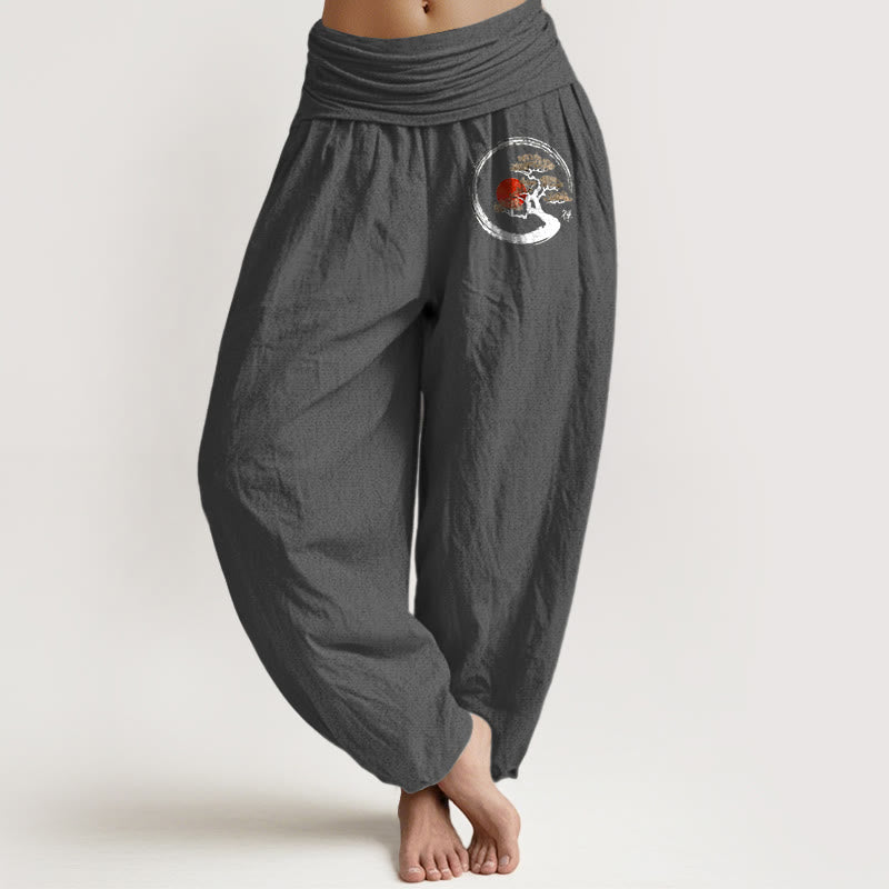 Pantalon harem en pur coton pour femme, taille élastique, Buddha Stones, pin et soleil rouge, style zen - Gris sombre - US16，UK/AU20，EU48 (3XL) - image 14