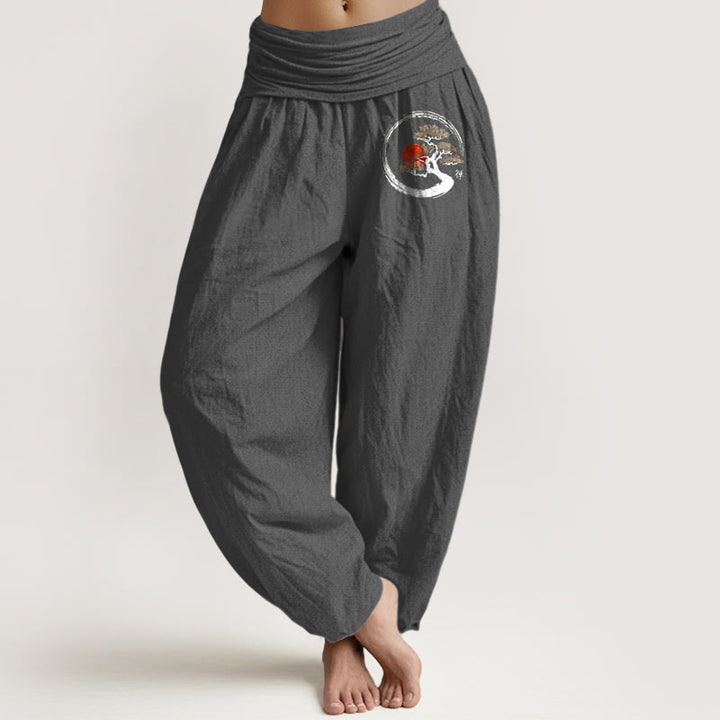 Pantalon harem en pur coton pour femme, taille élastique, Buddha Stones, pin et soleil rouge, style zen - Gris sombre - US16，UK/AU20，EU48 (3XL) - image 14