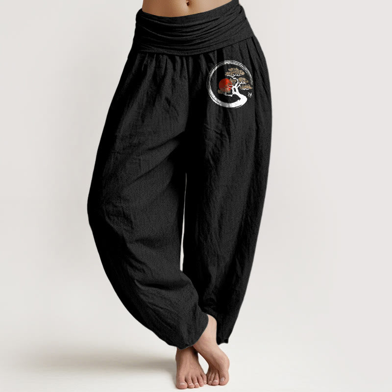 Pantalon harem en pur coton pour femme, taille élastique, Buddha Stones, pin et soleil rouge, style zen - Noir - US16，UK/AU20，EU48 (3XL) - image 8