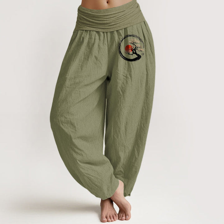 Pantalon harem en pur coton pour femme, taille élastique, Buddha Stones, pin et soleil rouge, style zen - Vert olive - US16，UK/AU20，EU48 (3XL) - image 5