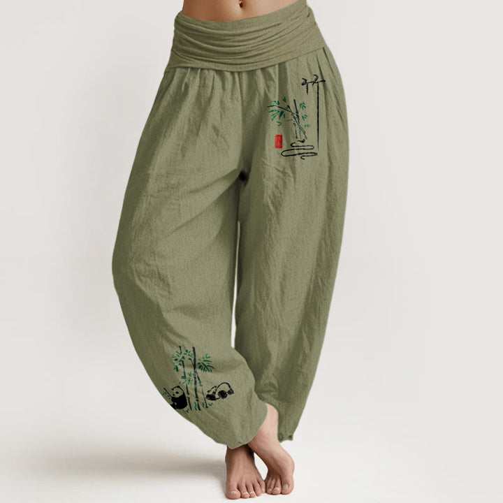 Pantalon harem en pur coton pour femme, taille élastique, motif Buddha Stones, panda et feuilles de bambou - Vert olive - US16，UK/AU20，EU48 (3XL) - image 14