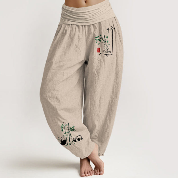Pantalon harem en pur coton pour femme, taille élastique, motif Buddha Stones, panda et feuilles de bambou - Tanné - US16，UK/AU20，EU48 (3XL) - image 11