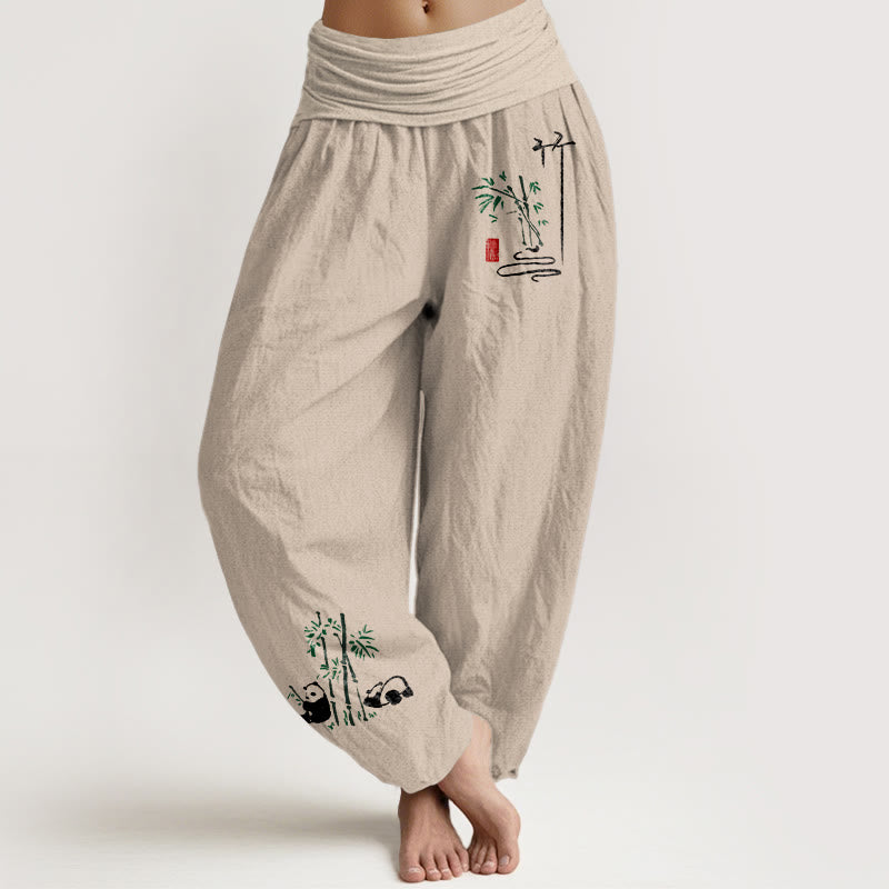 Pantalon harem en pur coton pour femme, taille élastique, motif Buddha Stones, panda et feuilles de bambou - Tanné - US16，UK/AU20，EU48 (3XL) - image 11