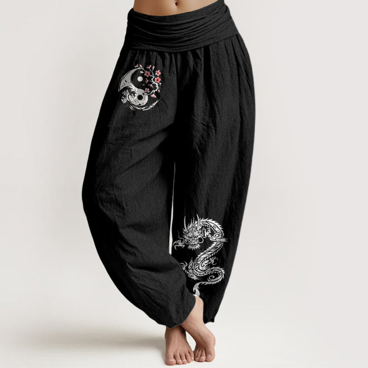 Pantalon harem en pur coton pour femme, taille élastique, motif Buddha Stones, dragon, vagues Yin Yang et fleurs - Noir - US16，UK/AU20，EU48 (3XL) - image 0