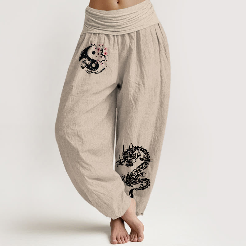 Pantalon harem en pur coton pour femme, taille élastique, motif Buddha Stones, dragon, vagues Yin Yang et fleurs - Tanné - US16，UK/AU20，EU48 (3XL) - image 11