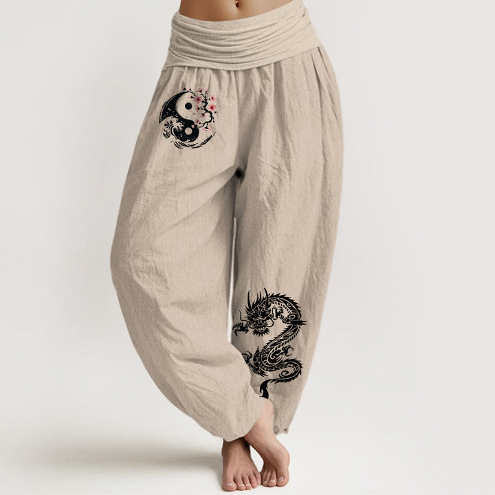 Pantalon harem en pur coton pour femme, taille élastique, motif Buddha Stones, dragon, vagues Yin Yang et fleurs - Tanné - US16，UK/AU20，EU48 (3XL) - image 11