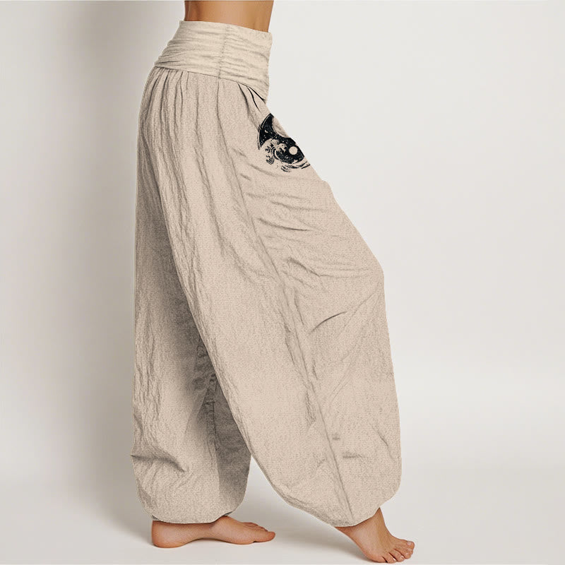 Pantalon harem en pur coton pour femme, taille élastique, motif Buddha Stones, dragon, vagues Yin Yang et fleurs - image 13