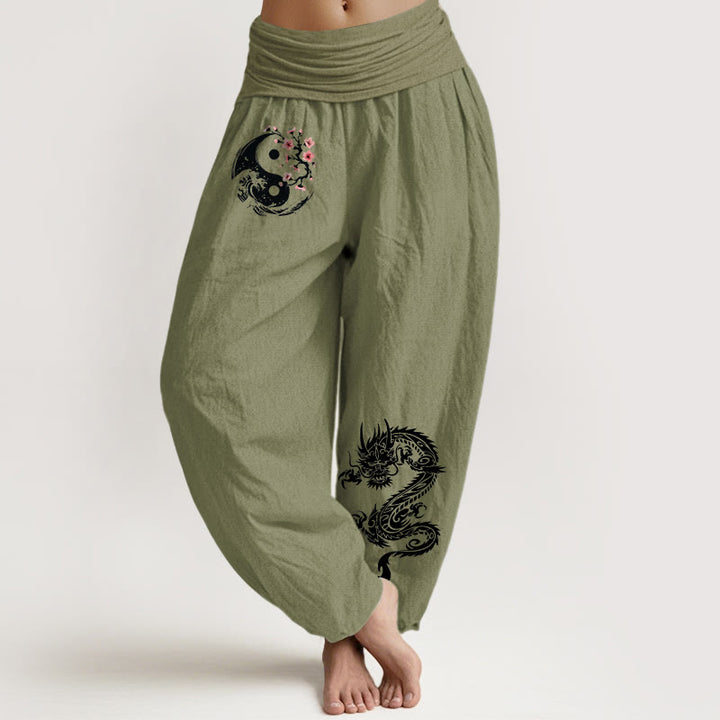 Pantalon harem en pur coton pour femme, taille élastique, motif Buddha Stones, dragon, vagues Yin Yang et fleurs - Vert olive - US16，UK/AU20，EU48 (3XL) - image 14