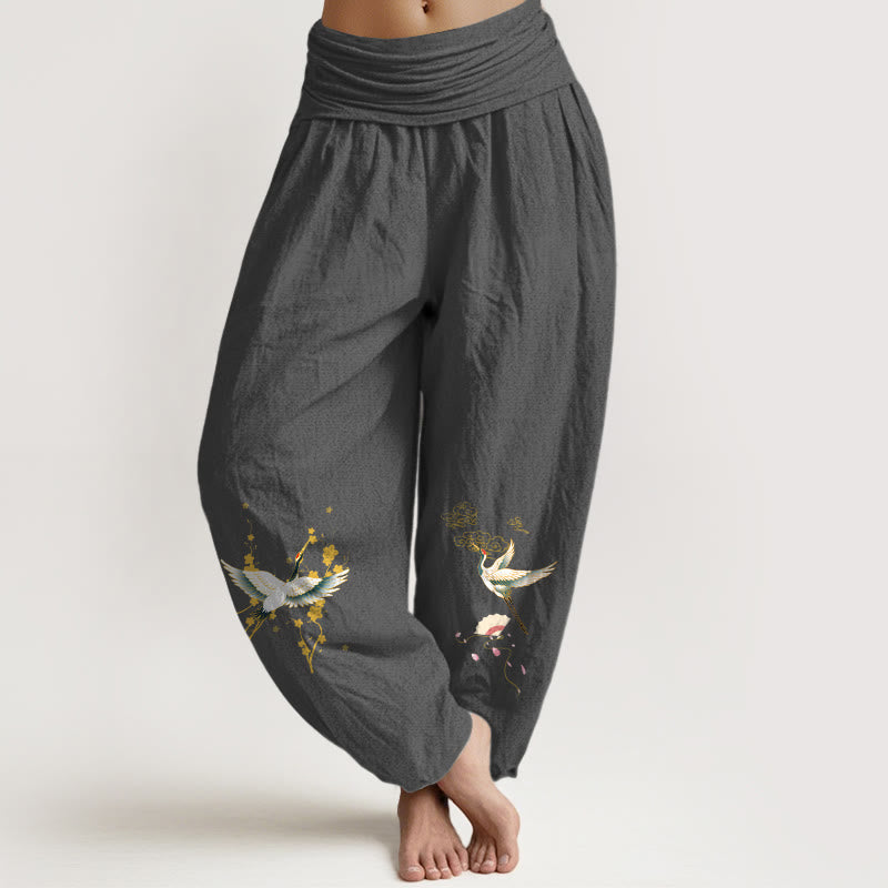 Pantalon harem en pur coton pour femme, taille élastique, orné de Buddha Stones, de grues, de nuages ​​de bon augure et de fleurs - Gris terne - US16，UK/AU20，EU48 (3XL) - image 0
