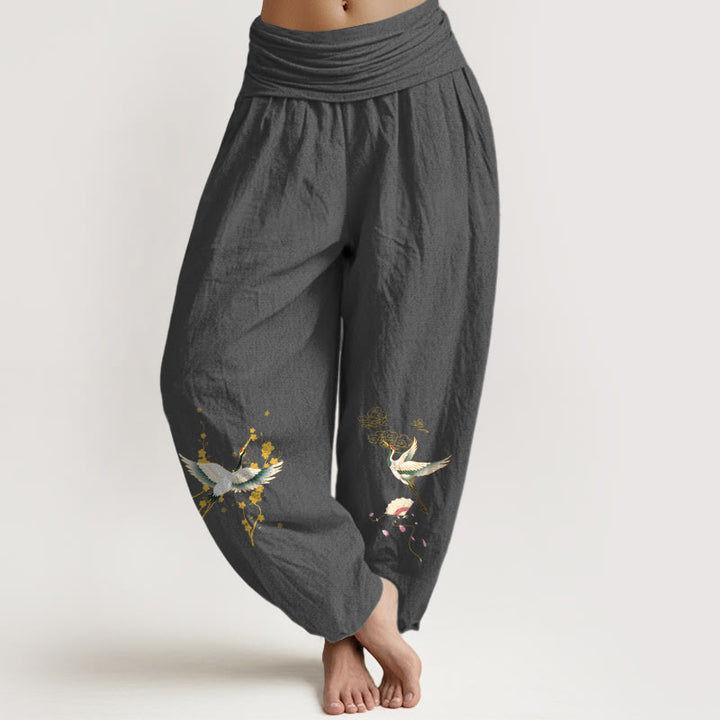 Pantalon harem en pur coton pour femme, taille élastique, orné de Buddha Stones, de grues, de nuages ​​de bon augure et de fleurs - Gris terne - US16，UK/AU20，EU48 (3XL) - image 0