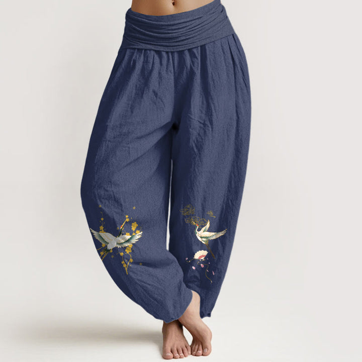 Pantalon harem en pur coton pour femme, taille élastique, orné de Buddha Stones, de grues, de nuages ​​de bon augure et de fleurs - Bleu ardoise foncé - US16，UK/AU20，EU48 (3XL) - image 14