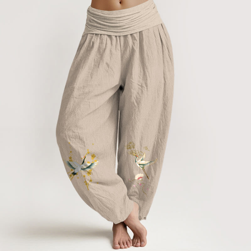 Pantalon harem en pur coton pour femme, taille élastique, orné de Buddha Stones, de grues, de nuages ​​de bon augure et de fleurs - Tanné - US16，UK/AU20，EU48 (3XL) - image 5