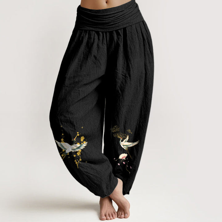 Pantalon harem en pur coton pour femme, taille élastique, orné de Buddha Stones, de grues, de nuages ​​de bon augure et de fleurs - Noir - US16，UK/AU20，EU48 (3XL) - image 11