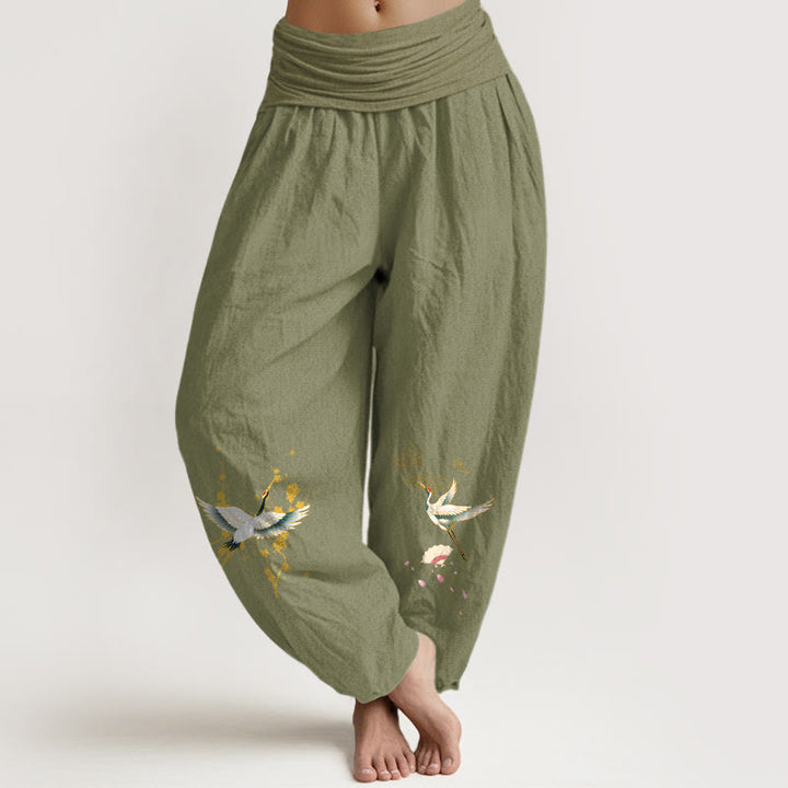 Pantalon harem en pur coton pour femme, taille élastique, orné de Buddha Stones, de grues, de nuages ​​de bon augure et de fleurs - Vert olive - US16，UK/AU20，EU48 (3XL) - image 8