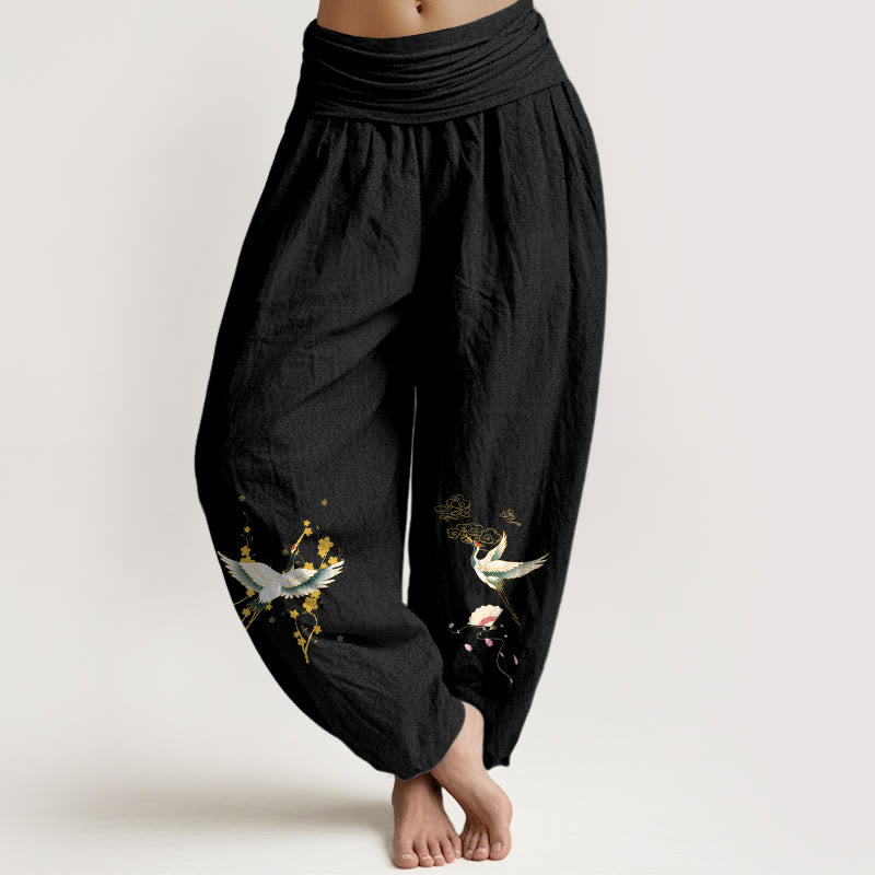 Pantalon harem en pur coton pour femme, taille élastique, orné de Buddha Stones, de grues, de nuages ​​de bon augure et de fleurs - Noir - US16，UK/AU20，EU48 (3XL) - image 11