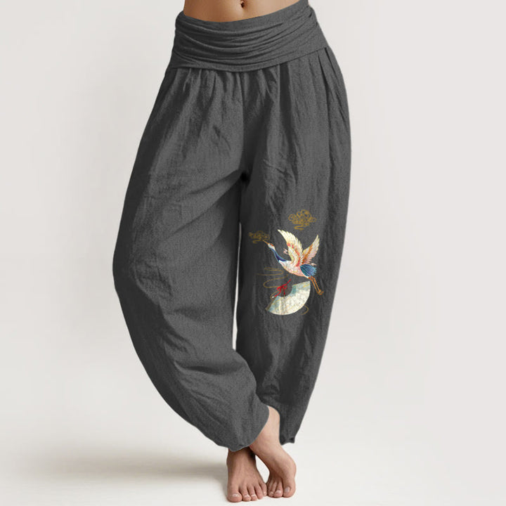 Pantalon harem en coton à taille élastique pour femme, orné d'un éventail pliant en forme de Buddha Stones, et d'un motif de nuages ​​porte-bonheur - Gris terne - US16，UK/AU20，EU48 (3XL) - image 5
