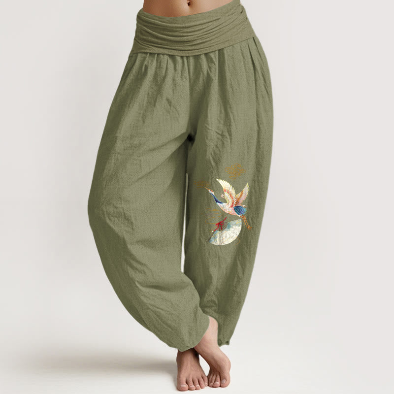 Pantalon harem en coton à taille élastique pour femme, orné d'un éventail pliant en forme de Buddha Stones, et d'un motif de nuages ​​porte-bonheur - Vert olive - US16，UK/AU20，EU48 (3XL) - image 11